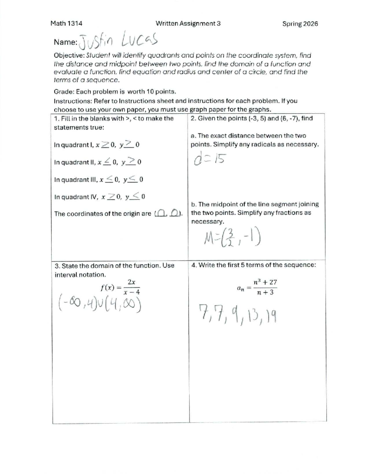 Math 1314 Written Assignment 3: Coordinate Geometry & Functions - Studocu