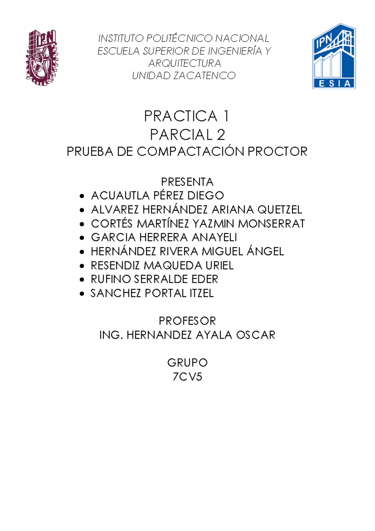 Práctica 1: Prueba de Compactación Proctor - Parcial 2 7CV - Document Preview