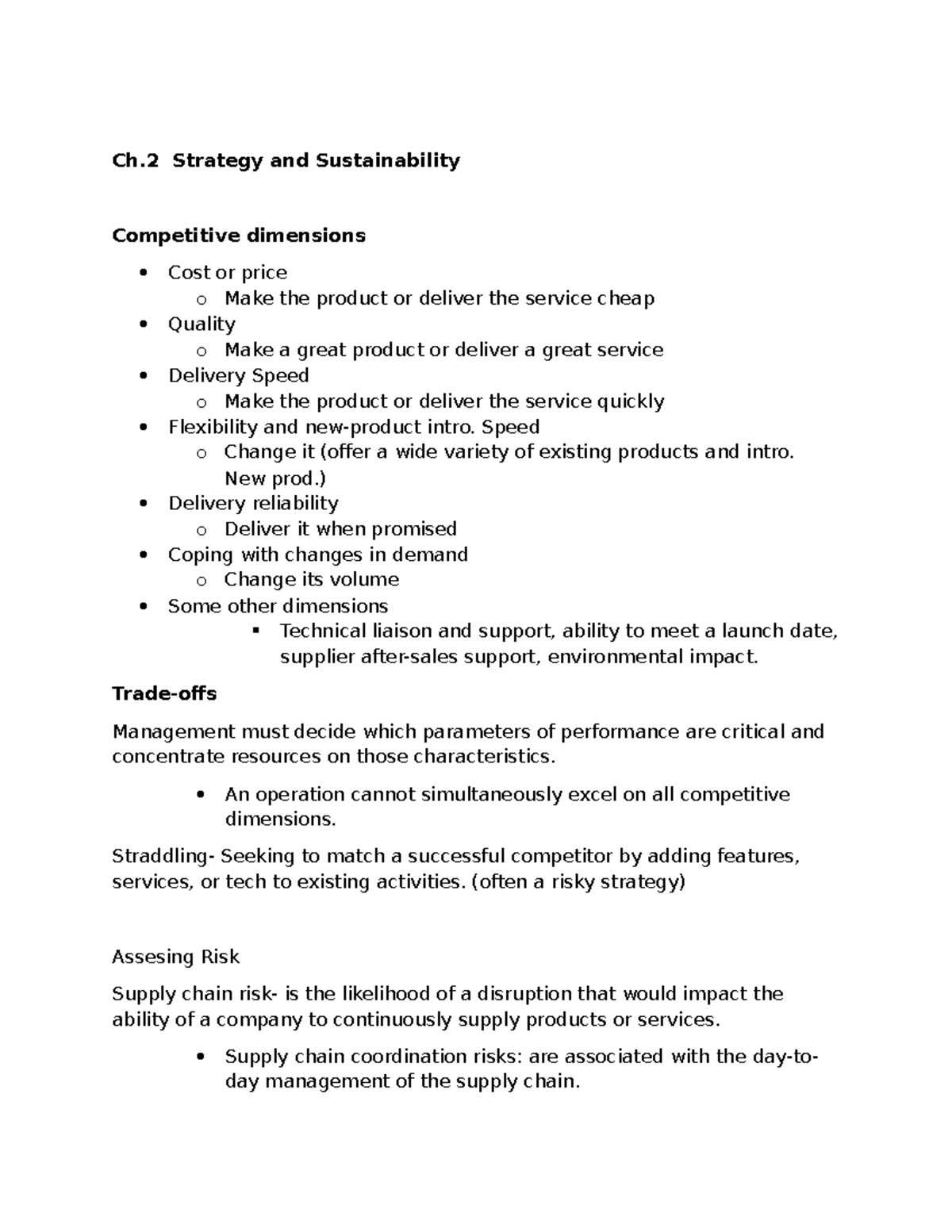 OPMA 3306 Notes: Ch. 2-6 on Strategy, Inventory, and Risk Management ...
