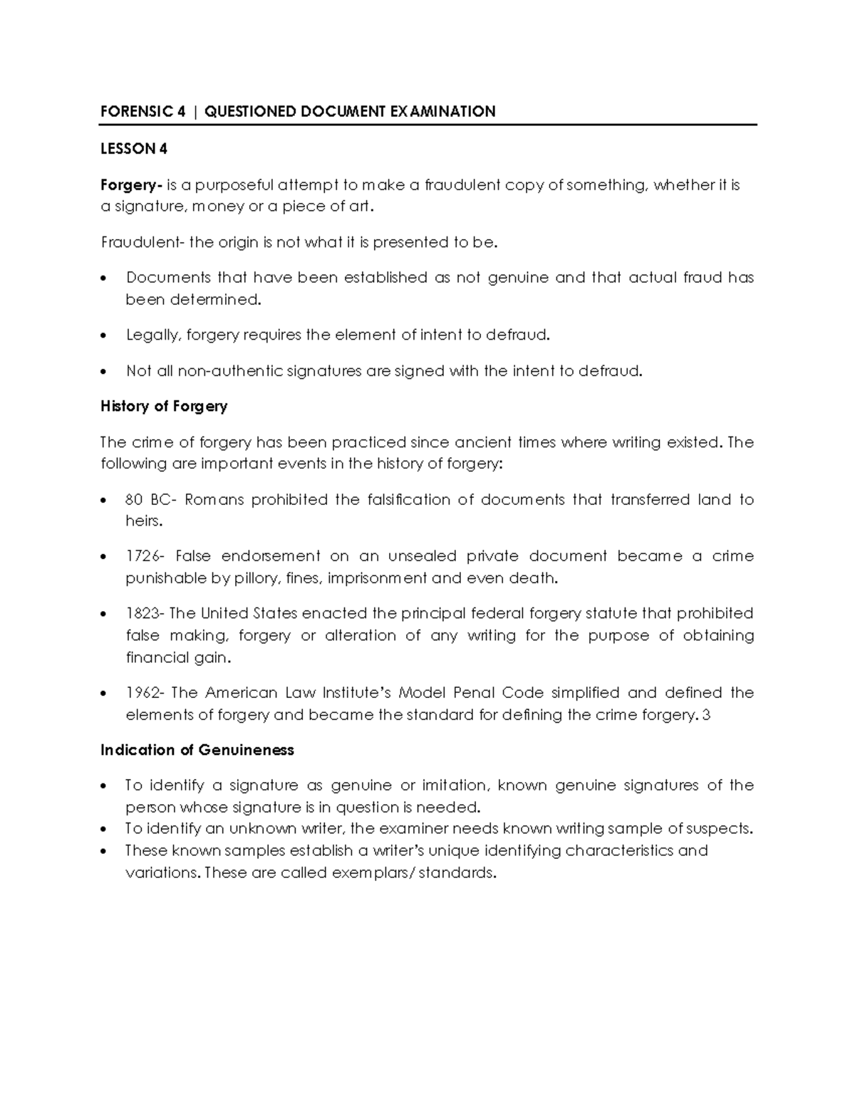 Forensic 4 Lesson 4: Questioned Document Examination Overview - Studocu