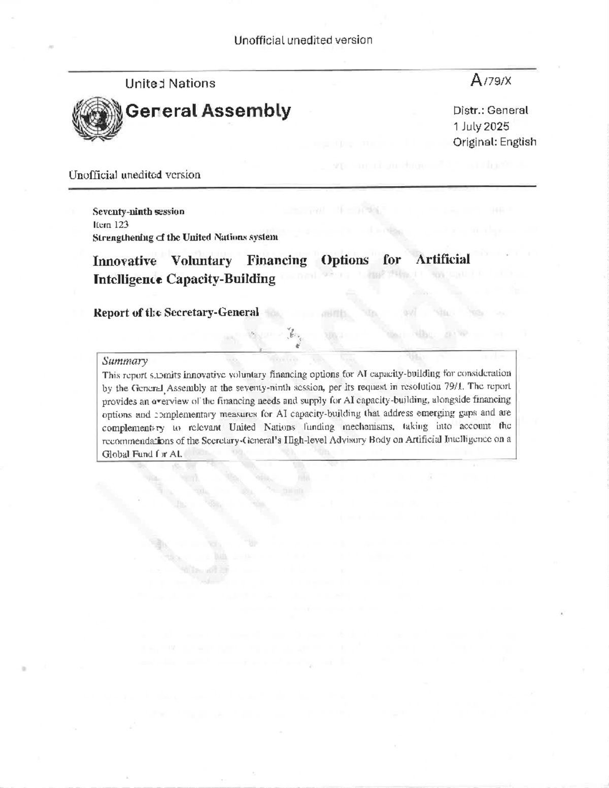 SG Report on AI Financing Options: Strengthening UN Capacity for ...