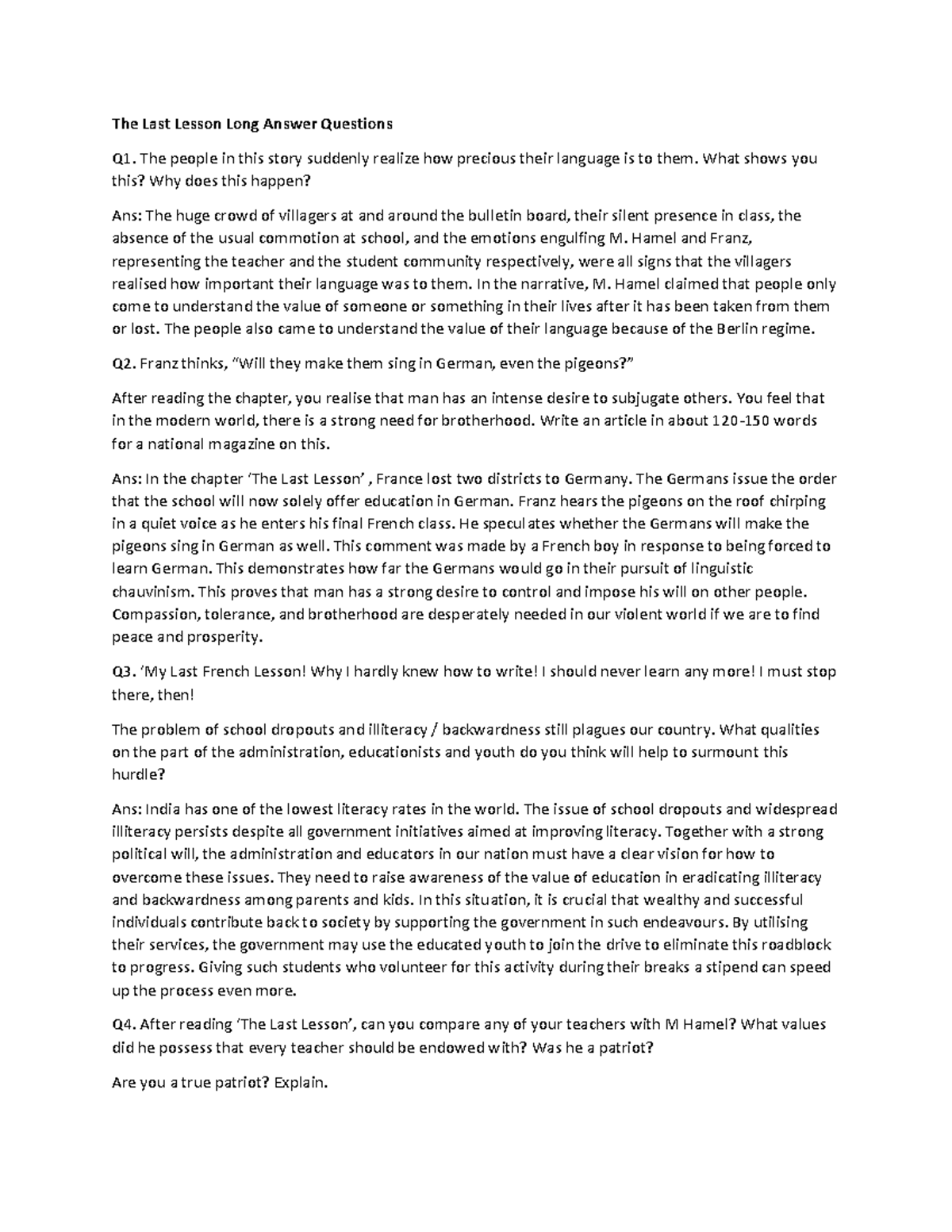 12 Analytical Question AND Answer - The Last Lesson Long Answer ...