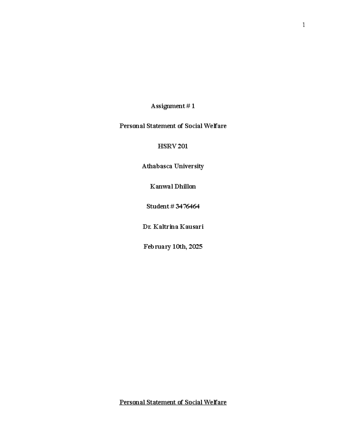 HSRV 201 - Assignment 1: Personal Statement on Social Welfare - Studocu