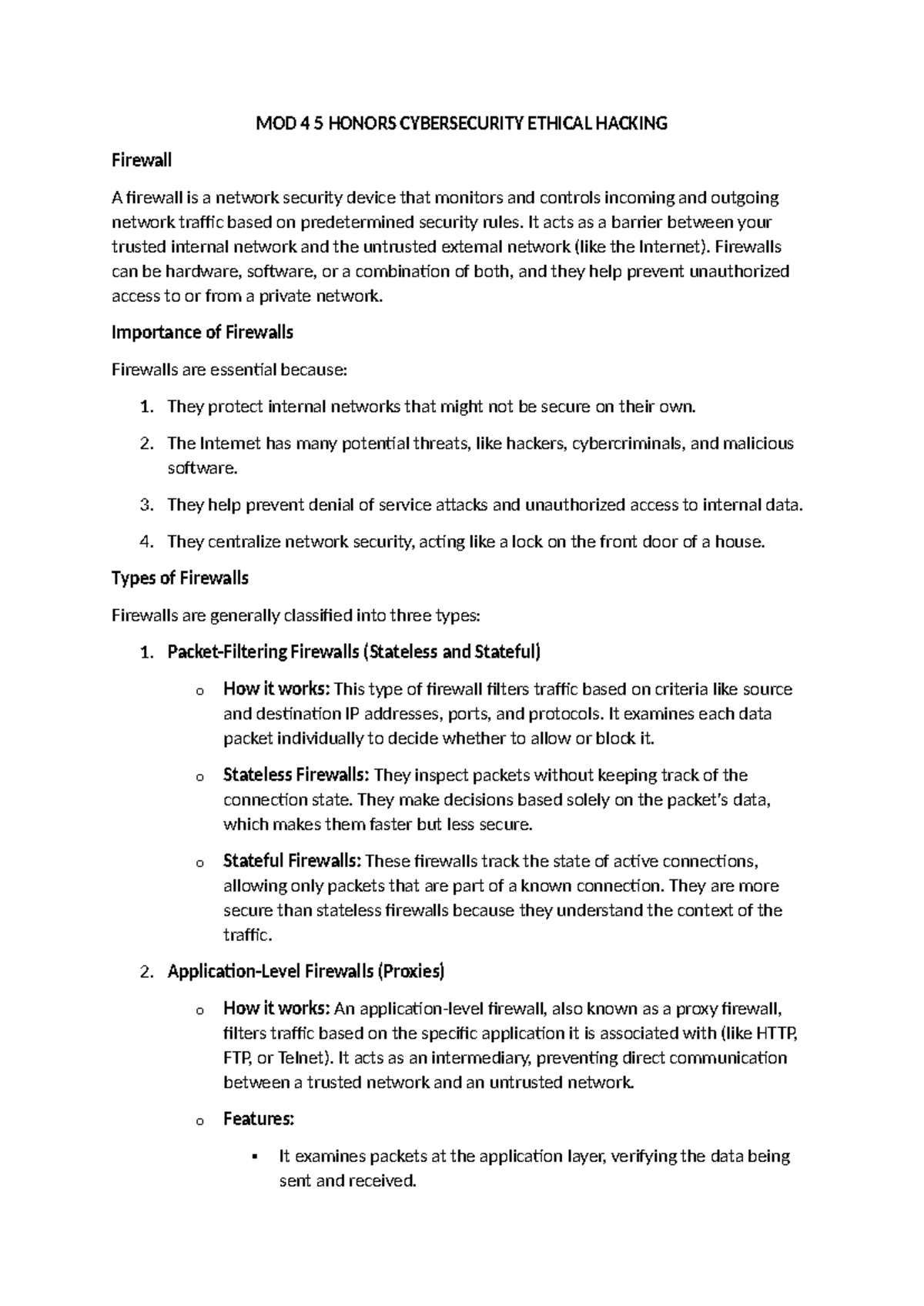 MOD 4, 5, 6 Honors Cybersecurity Notes on Firewalls and VPNs - Studocu