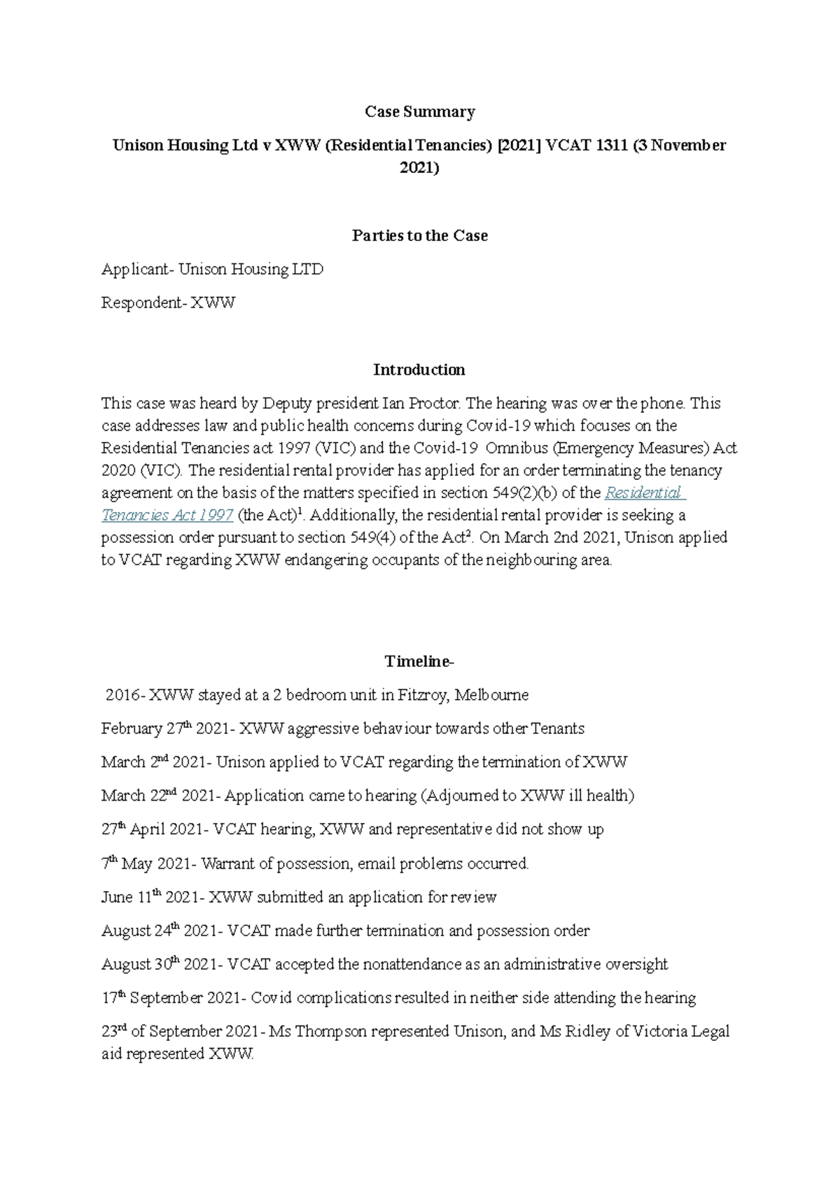 Case Summary: Unison Housing Ltd v XWW (Residential Tenancies) VCAT ...