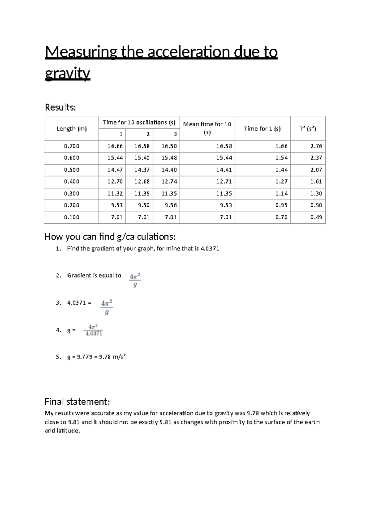 Measuring the acceleration due to gravity - Measuring the accelera/on ...