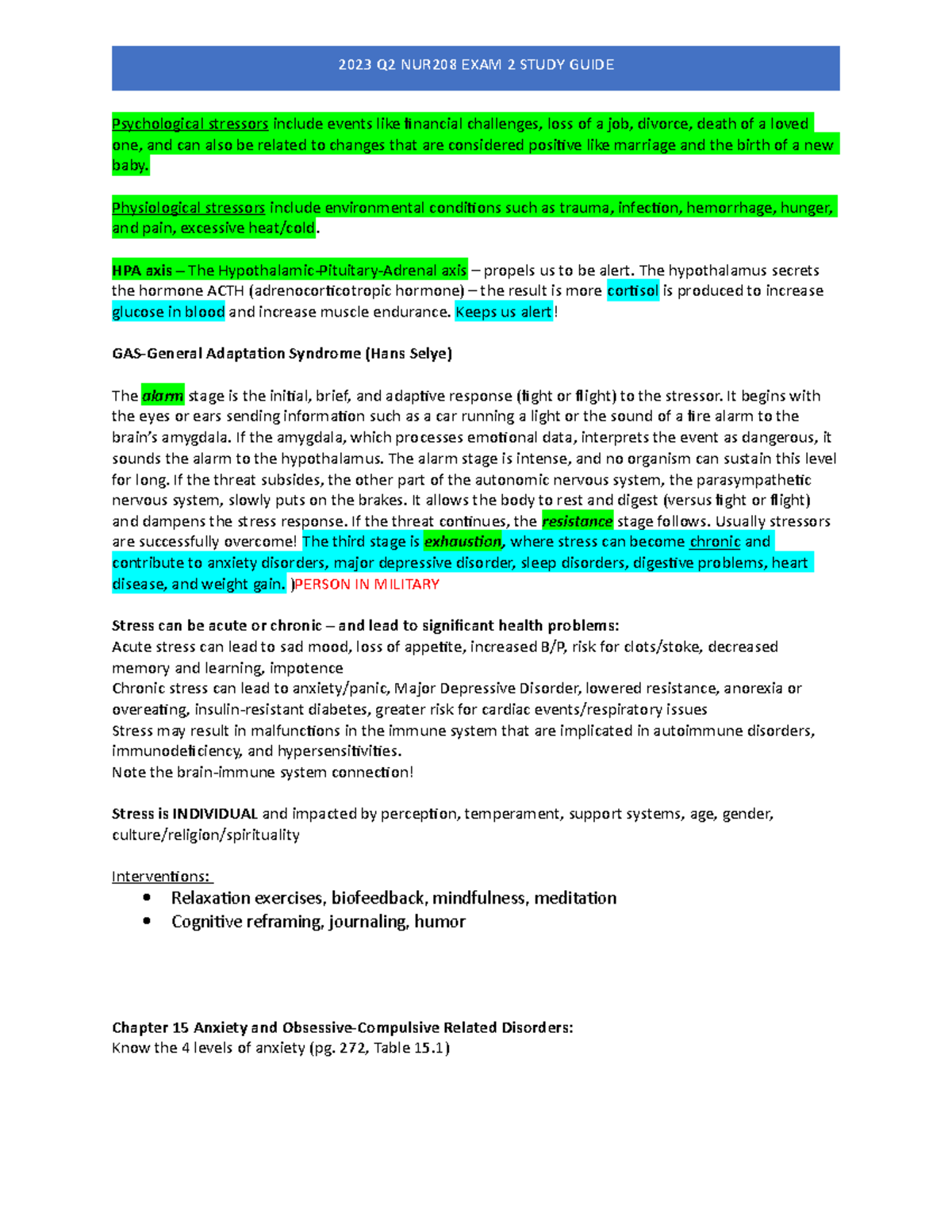 NUR 208 Exam 2 Study Guide on Stress, Anxiety & Trauma Disorders - Studocu