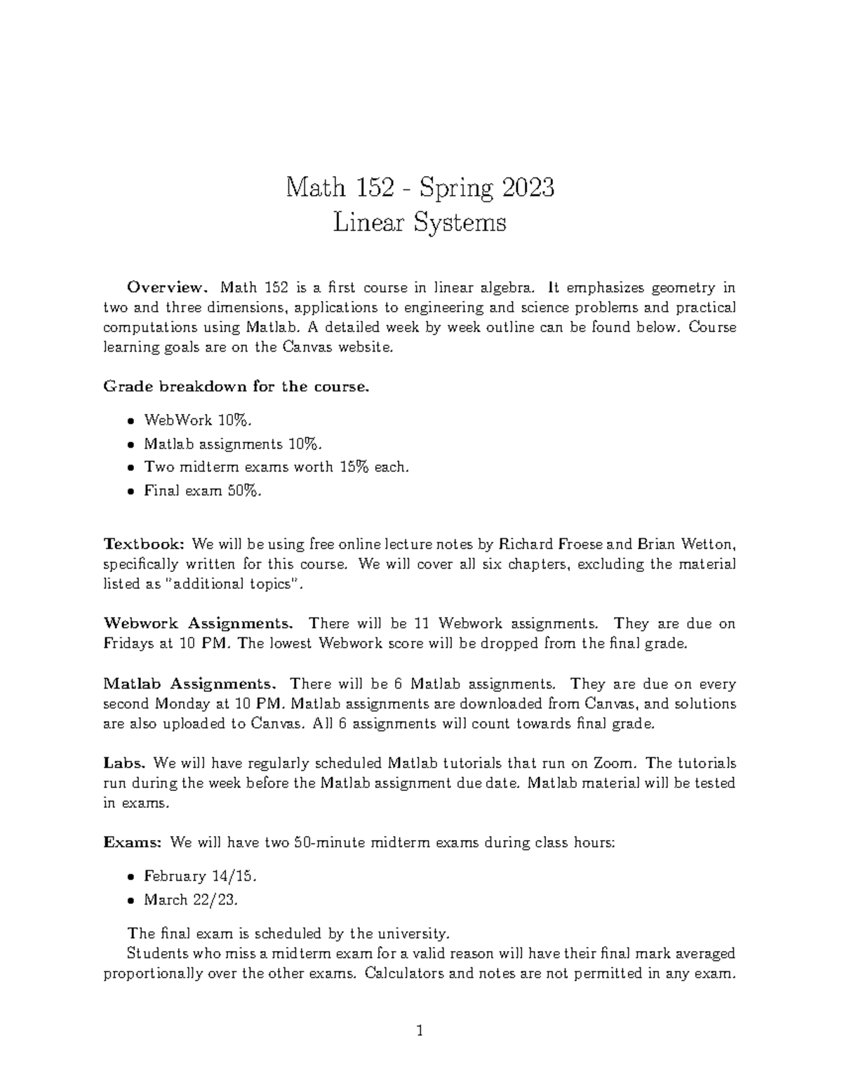 MATH152 Spring 2023: Linear Systems Course Overview and Exam Details ...