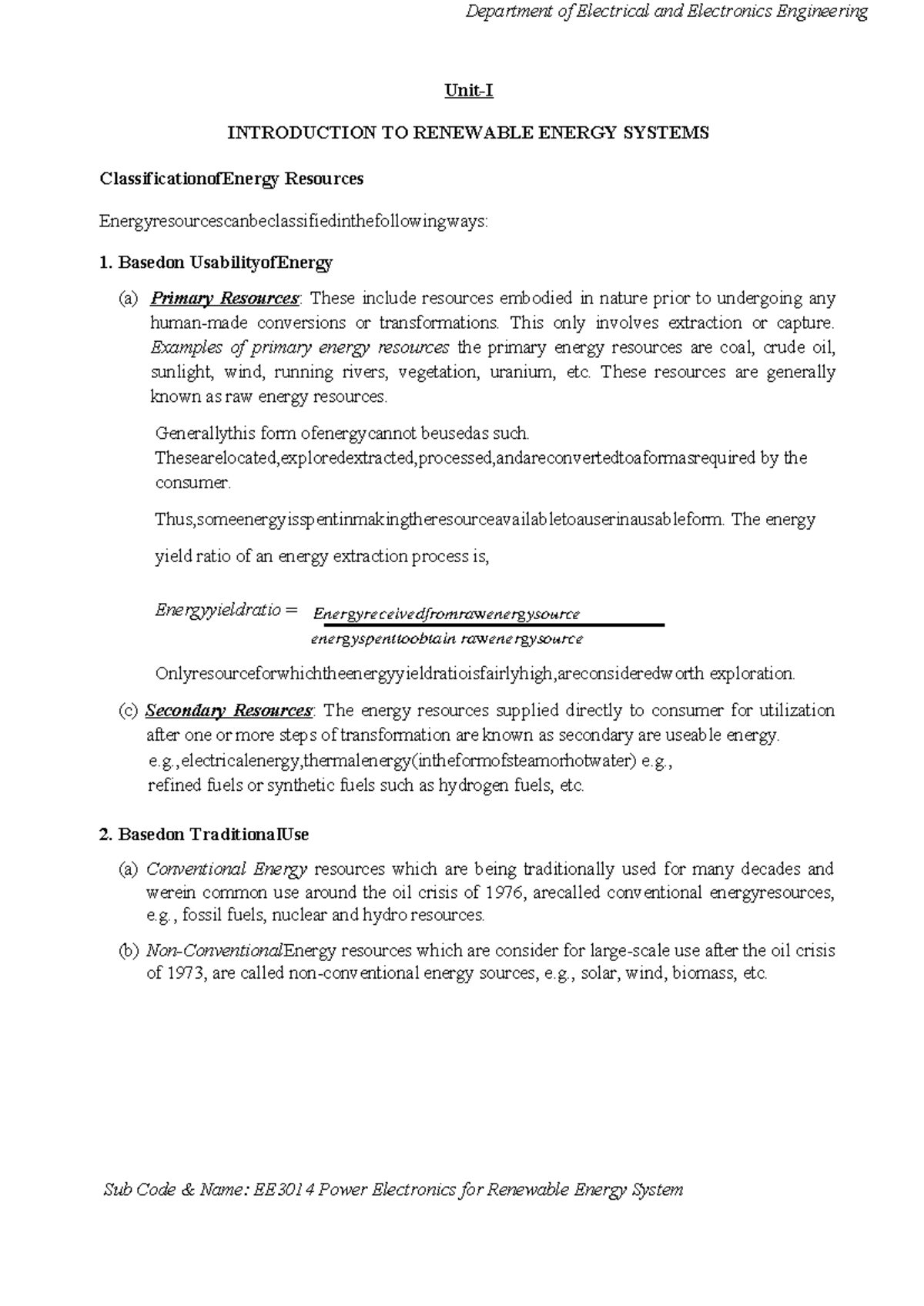 EE3014 Lecture Notes: Introduction to Renewable Energy Systems - Studocu