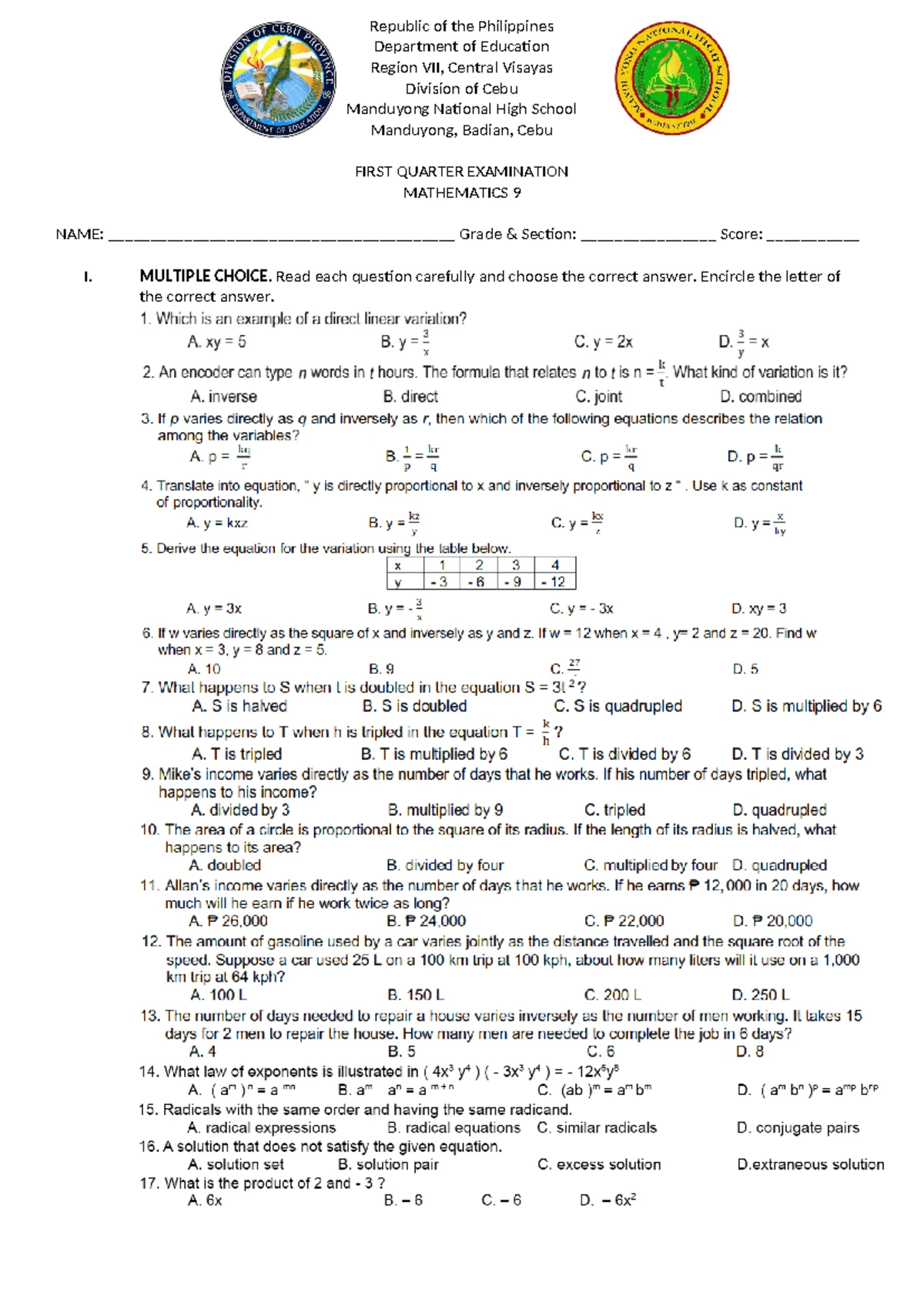 Math-DBOW-1 - Math-DBOW NCR - REPUBLIC OF THE PHILIPPINES DEPARTMENT OF ...