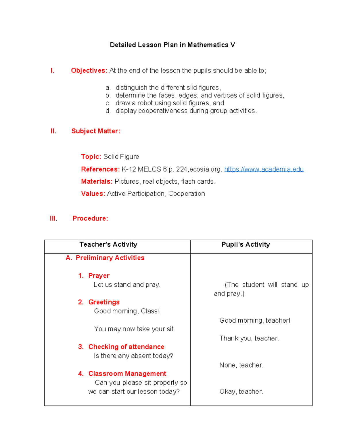 Detailed Lesson Plan: Solid Figures - MATH-5DLP - Studocu
