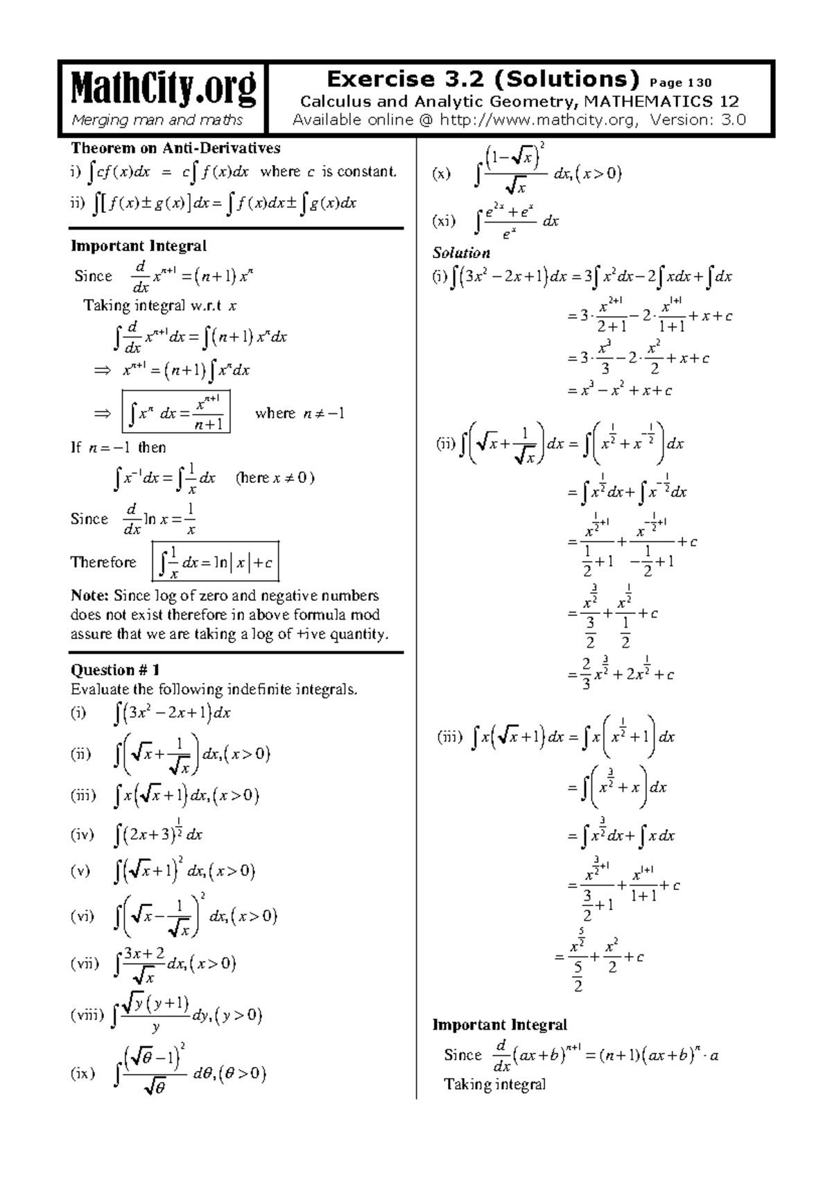 Exercise 3.2 Solutions and Notes for Calculus, MATH 12 - Studocu