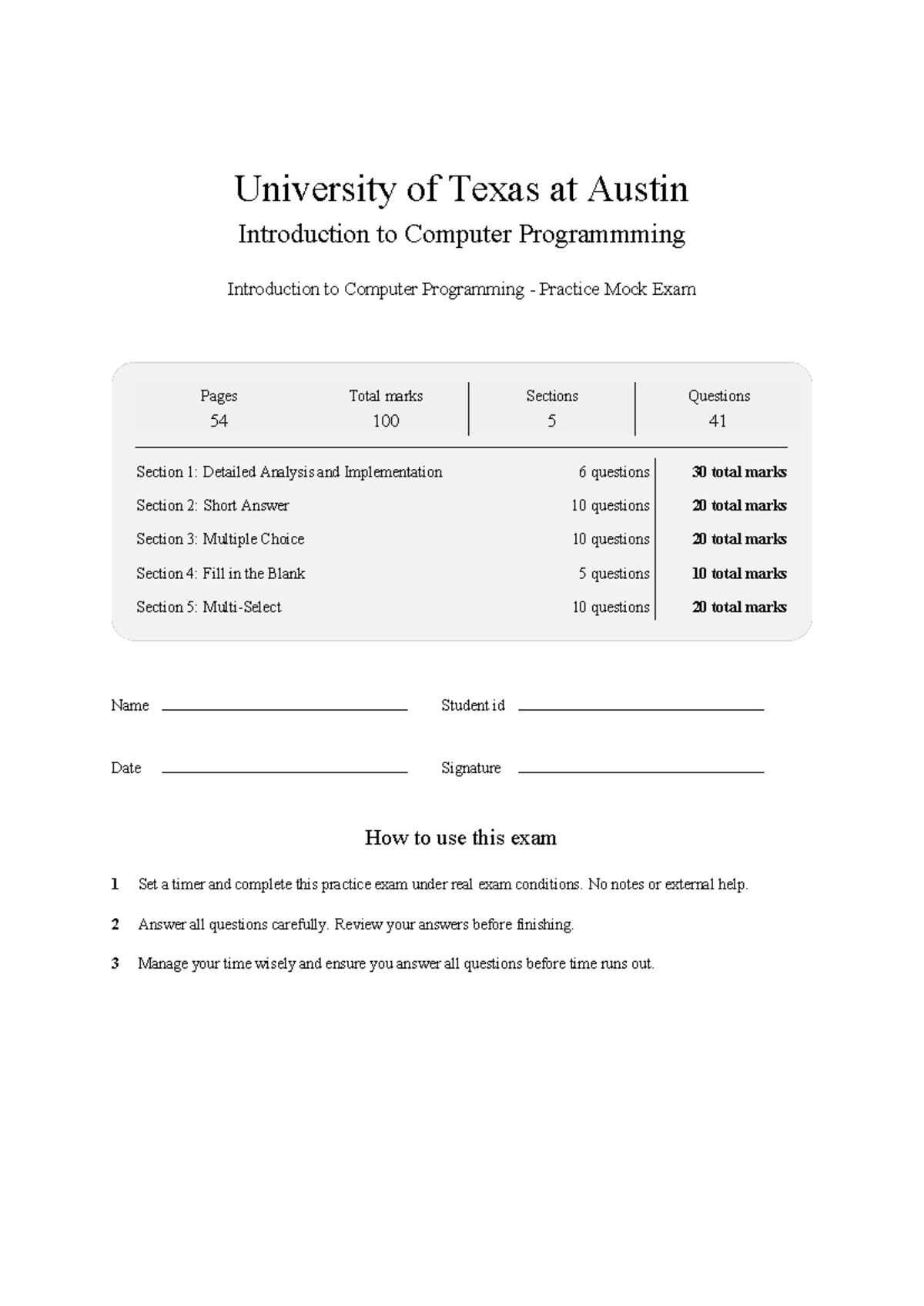 COE 301 Introduction to Computer Programming Practice Mock Exam 2026 ...