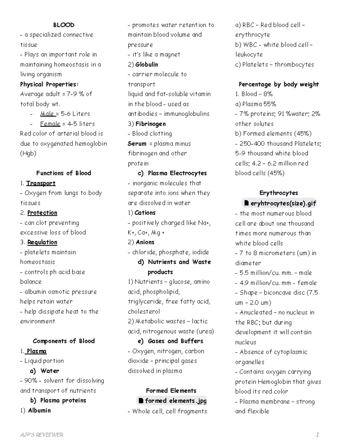 Blood Physiology and Functions: A Comprehensive Reviewer - Studocu