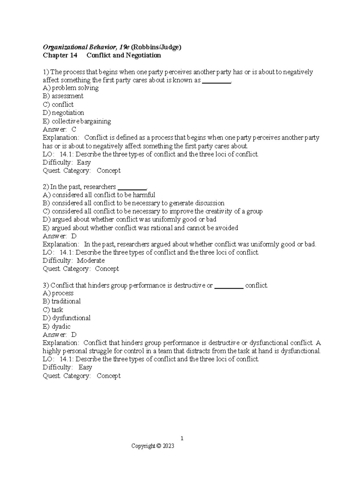 Test Bank for Organizational Behavior 19e: Chapter 14 - Conflict ...