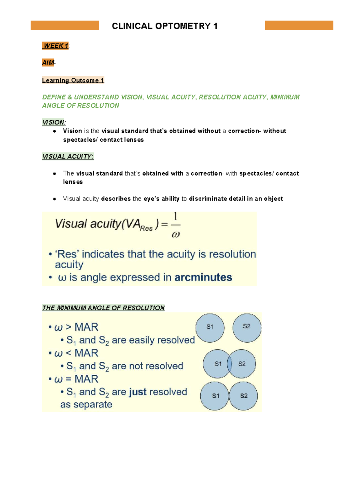 CLINICAL OPTOMETRY 1: Visual Acuity and Measurement Principles - Document Preview