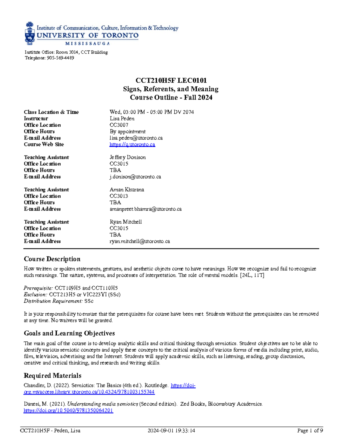 CCT210H5F Fall 2024 Syllabus: Signs, Referents, and Meaning Lecture ...