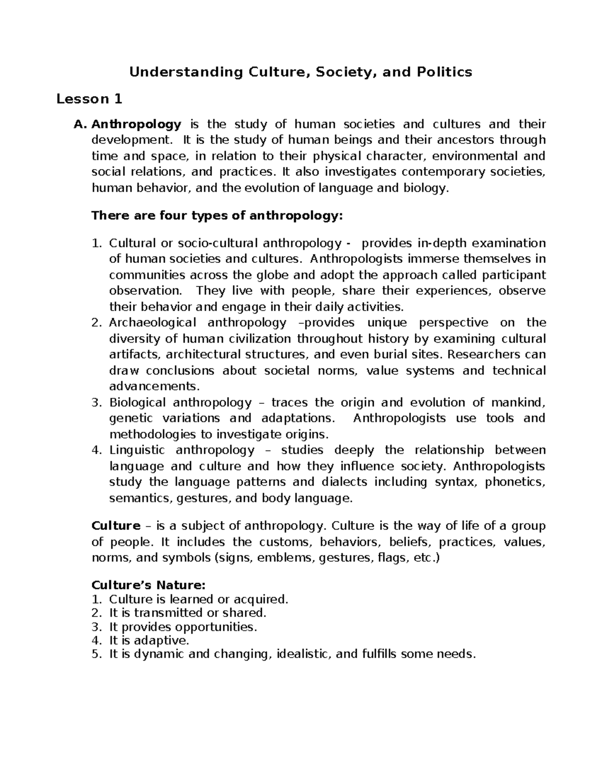 UCSP 101: Understanding Culture, Society, and Politics - Lesson 1 - Studocu