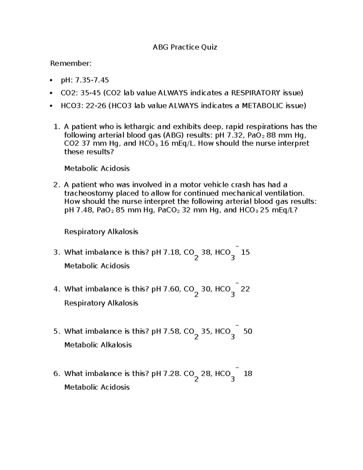 ABG Practice Quiz - Interpretation of Acid-Base Disorders - Studocu