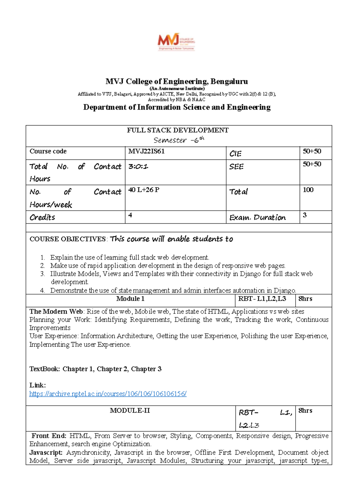 MVJ22IS61 Full Stack Development Syllabus - Semester 2022-2023 - Studocu