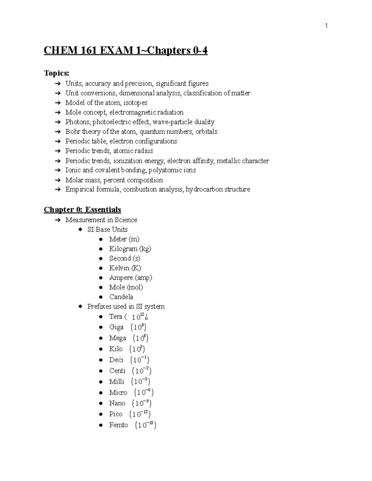 CHEM 161 EXAM 1 Study Guide: Key Concepts from Lectures & Chapters ...