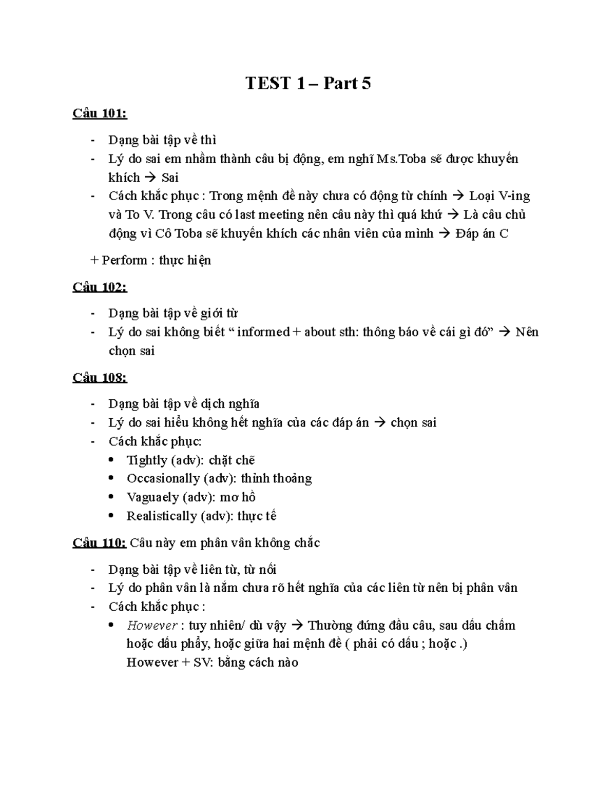 TEST 1 - Part 5 - Bài Tập Về Thì và Giới Từ TOEIC - Studocu