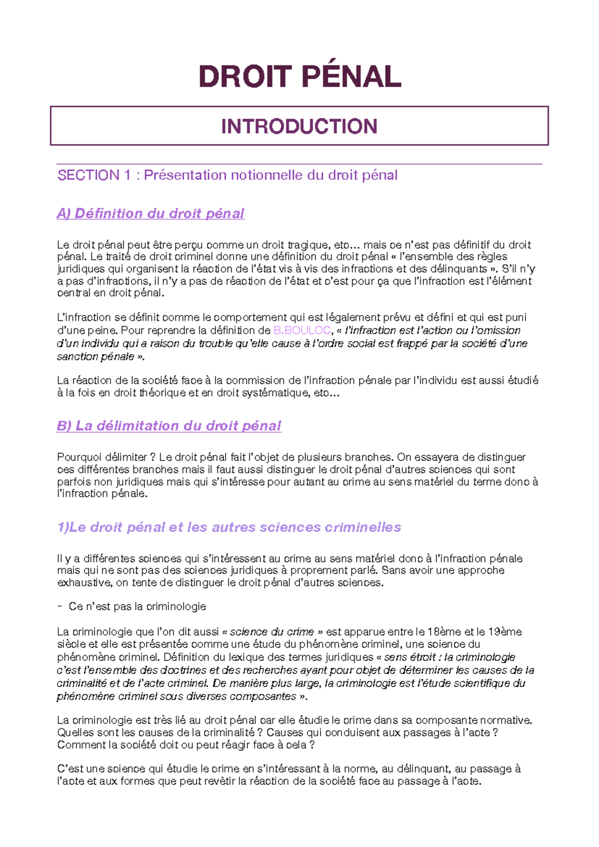 CM DROIT PÉNAL - Introduction et Notions Fondamentales - Studocu