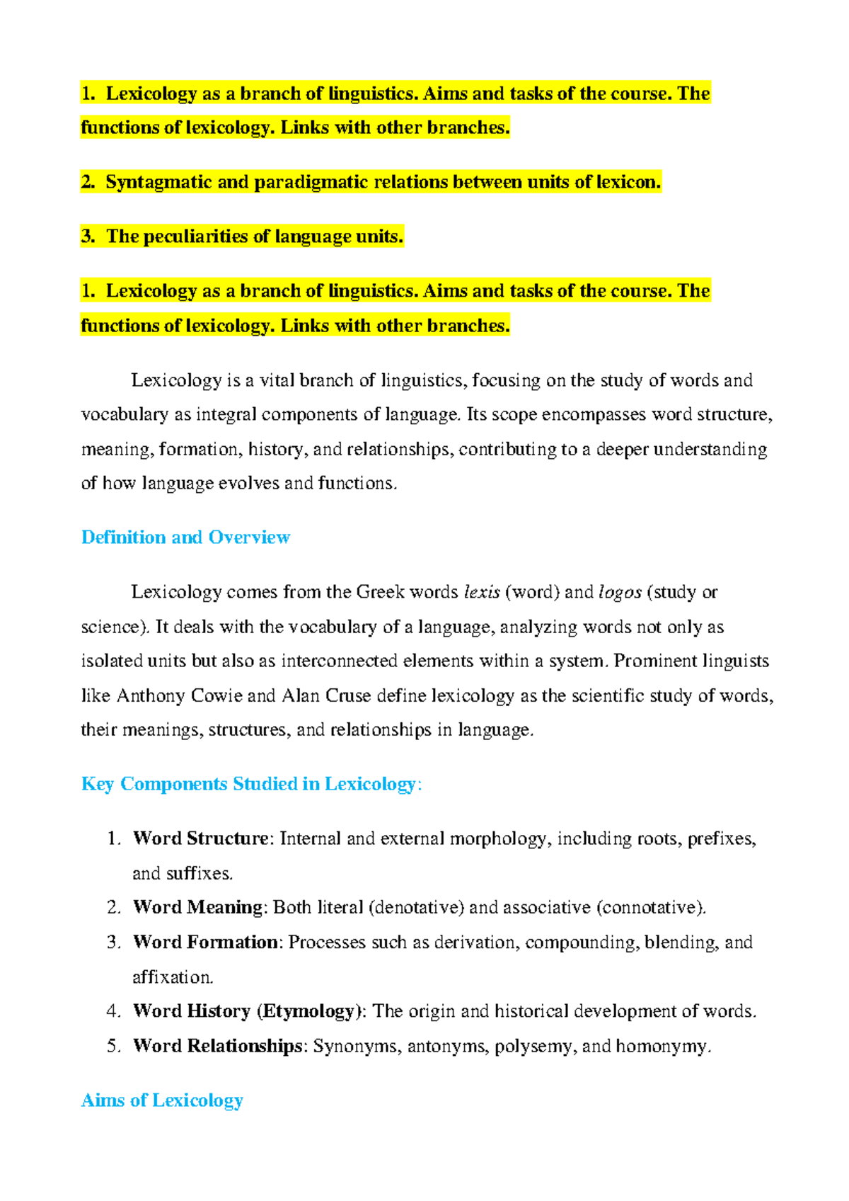 Lexicology in Linguistics: A Comprehensive Overview and Analysis - Studocu