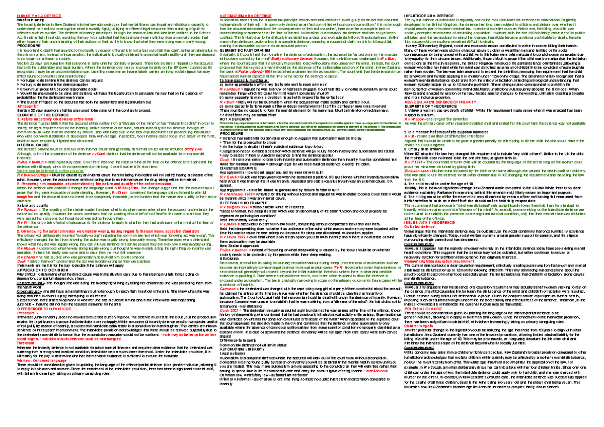Criminal Law Cheat Sheet: Insanity & Infanticide Defenses (CL 101 ...