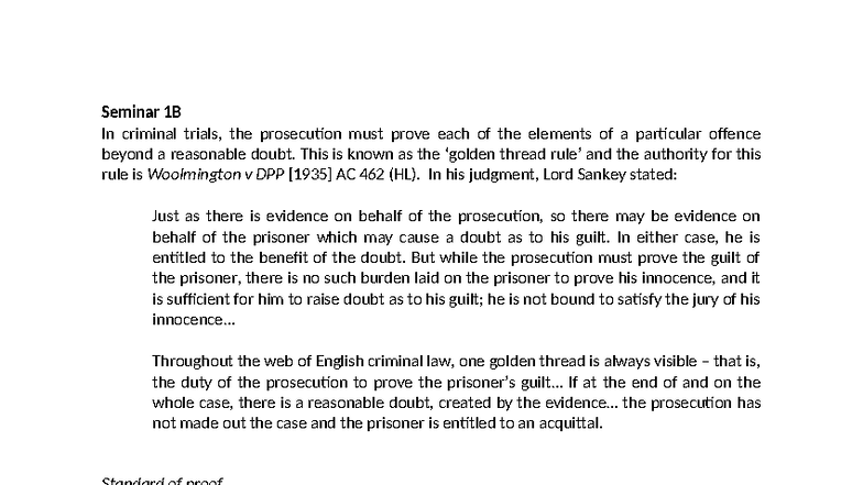 701104 Seminar 1B: Burden of Proof in Criminal Trials - Studocu