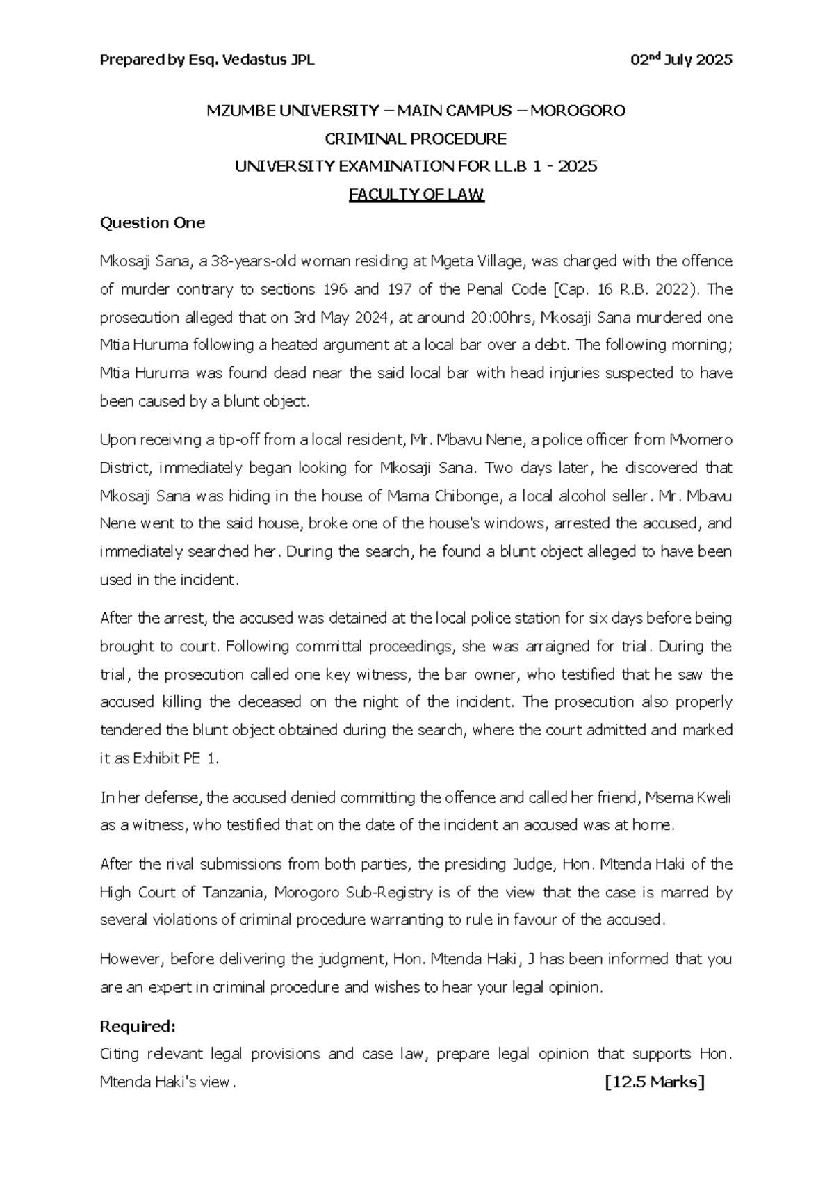 UE MU Morogoro LLB 1 Criminal Procedure Exam Notes - July 2025 - Studocu