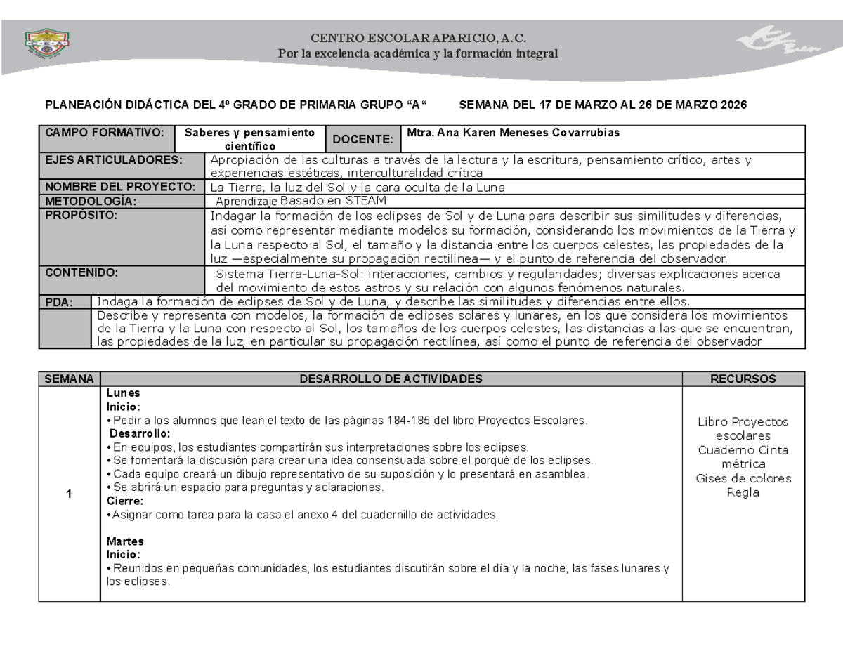 Planeación Didáctica 4° Grado Primaria - Semana del 17 al 26 de Marzo ...