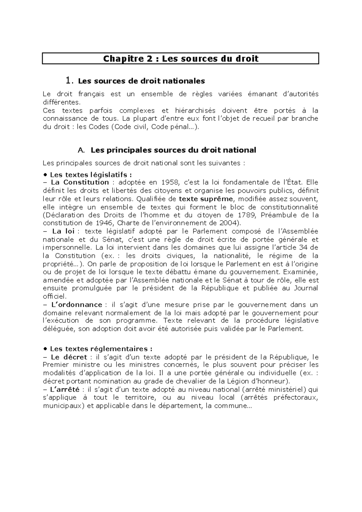 Droit 1ere Chapitre 2 : Les Sources du Droit National - Synthèse - Studocu