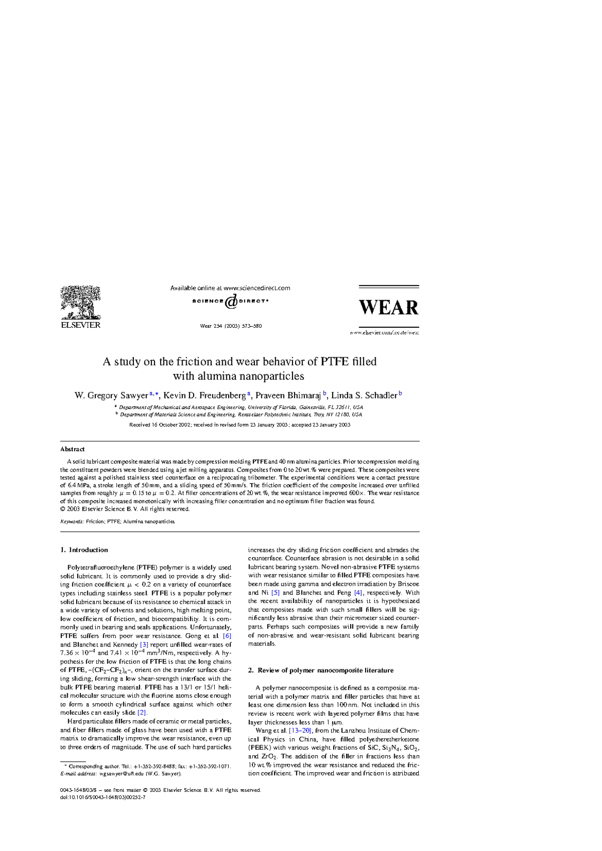 Wear 254 (2003) Friction and Wear Behavior of PTFE-Alumina ...