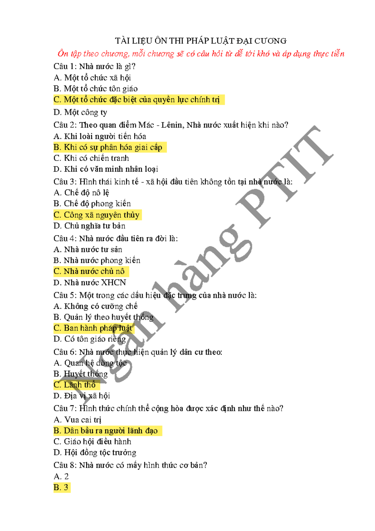 TÀI LIỆU ÔN THI PHÁP LUẬT ĐẠI CƯƠNG: CÂU HỎI TRẮC NGHIỆM CHƯƠNG 1-10 - Document Preview
