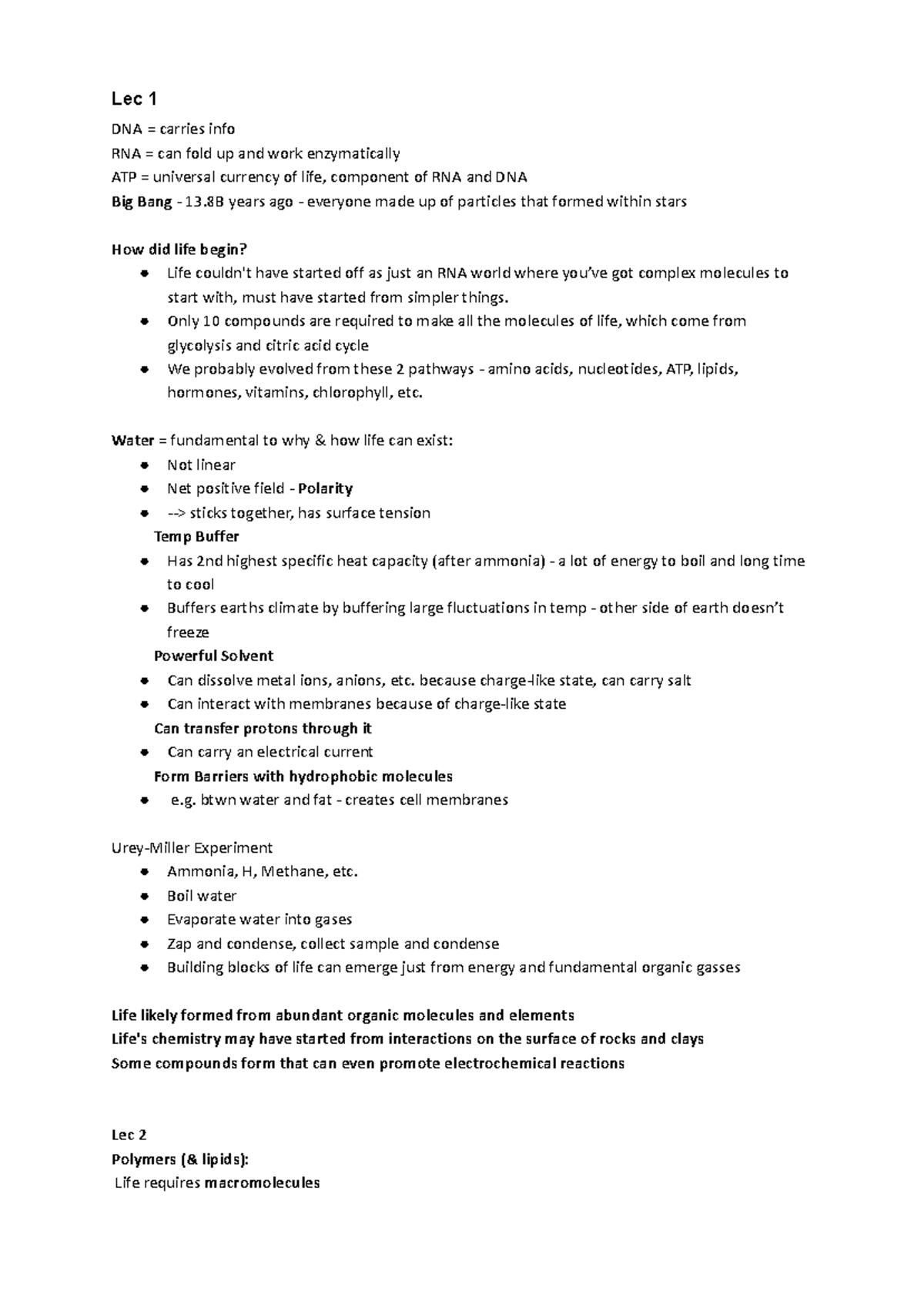 Biosci 101 Lecture Notes: Origins of Life, DNA, RNA, and Polymers - Studocu
