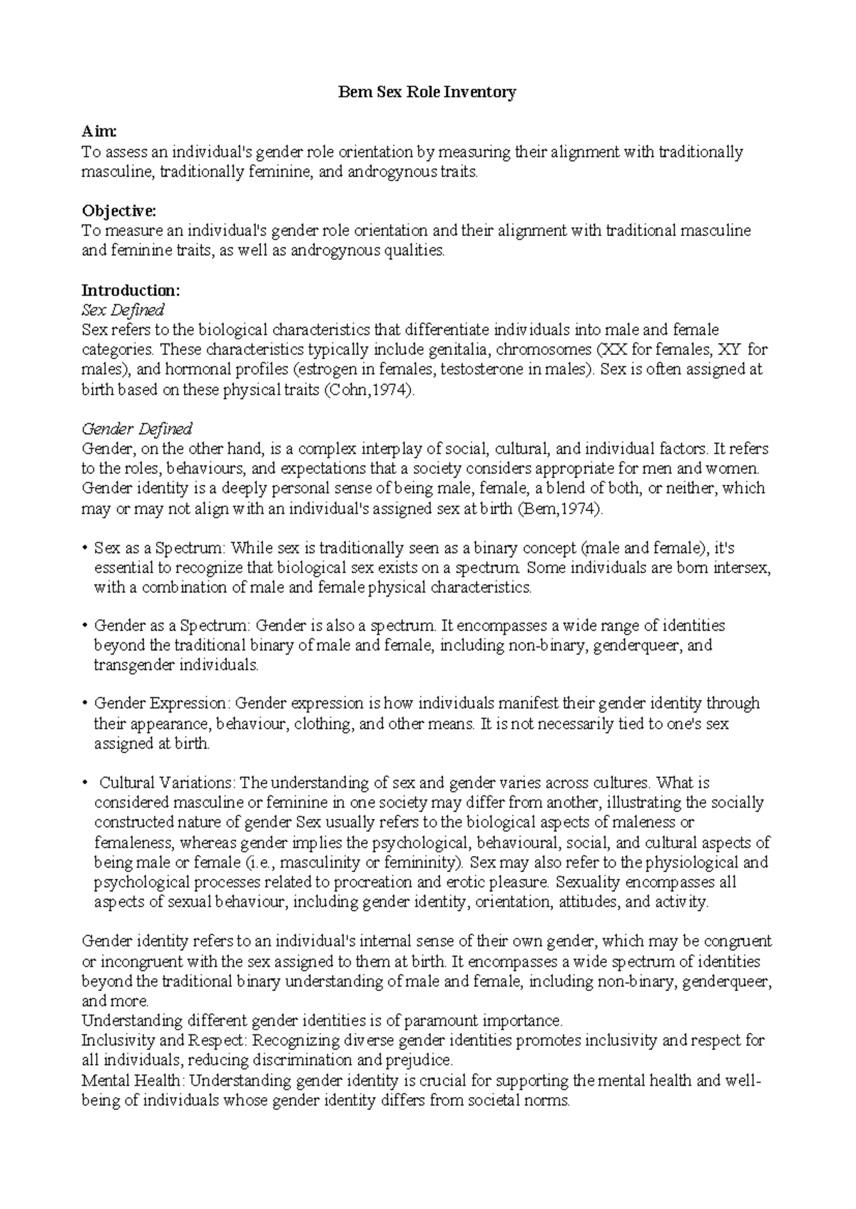 BSRI TEST FILE - bsri test file - Bem Sex Role Inventory Aim: To assess ...