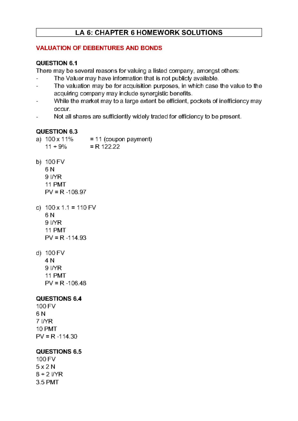 LA 6: CH 6 HOMEWORK SOLUTIONS ON VALUATION OF DEBENTURES AND BONDS ...