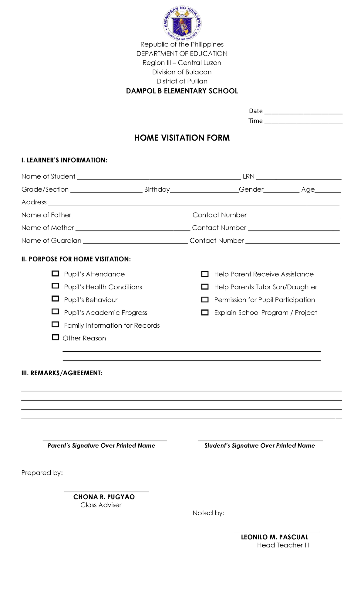 Home Visitation Form 2025 - Dampol B Elementary School - Studocu