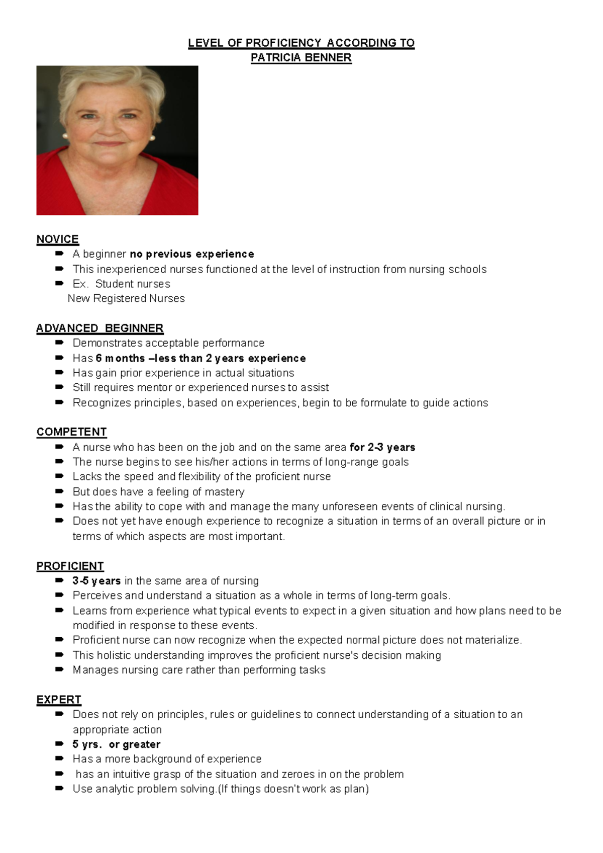 NUR 101: Understanding Benner's Levels of Nursing Proficiency - Studocu