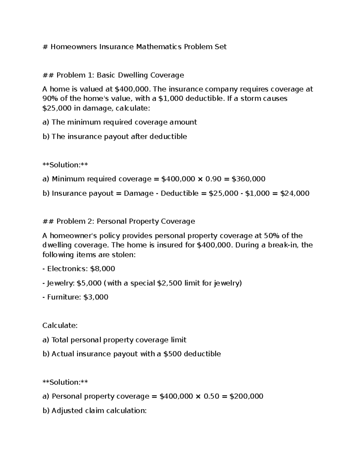 Homeowners Insurance Math Problem Set & Solutions (Course Code: HIMS ...