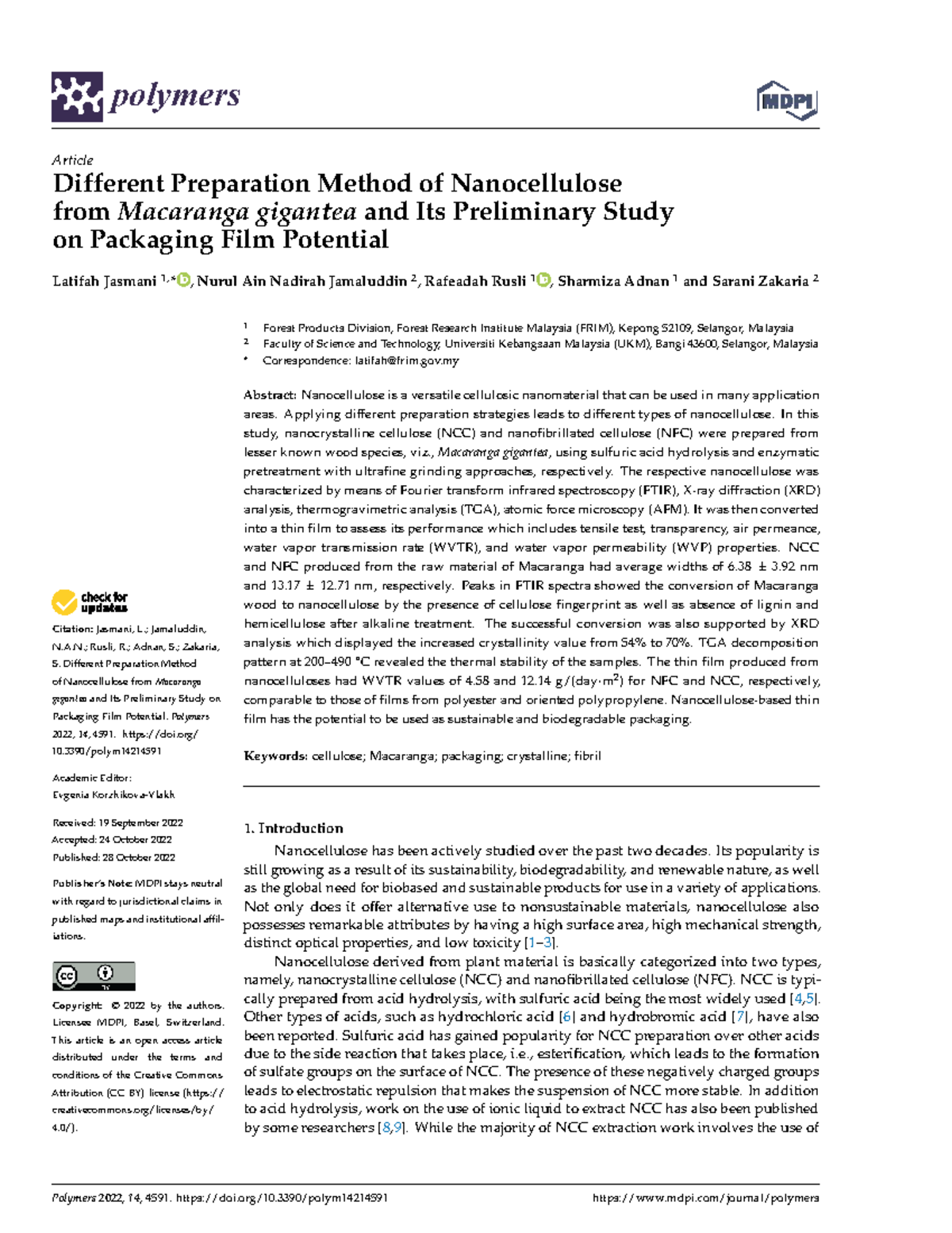 Different Preparation Methods of Nanocellulose from Macaranga gigantea ...
