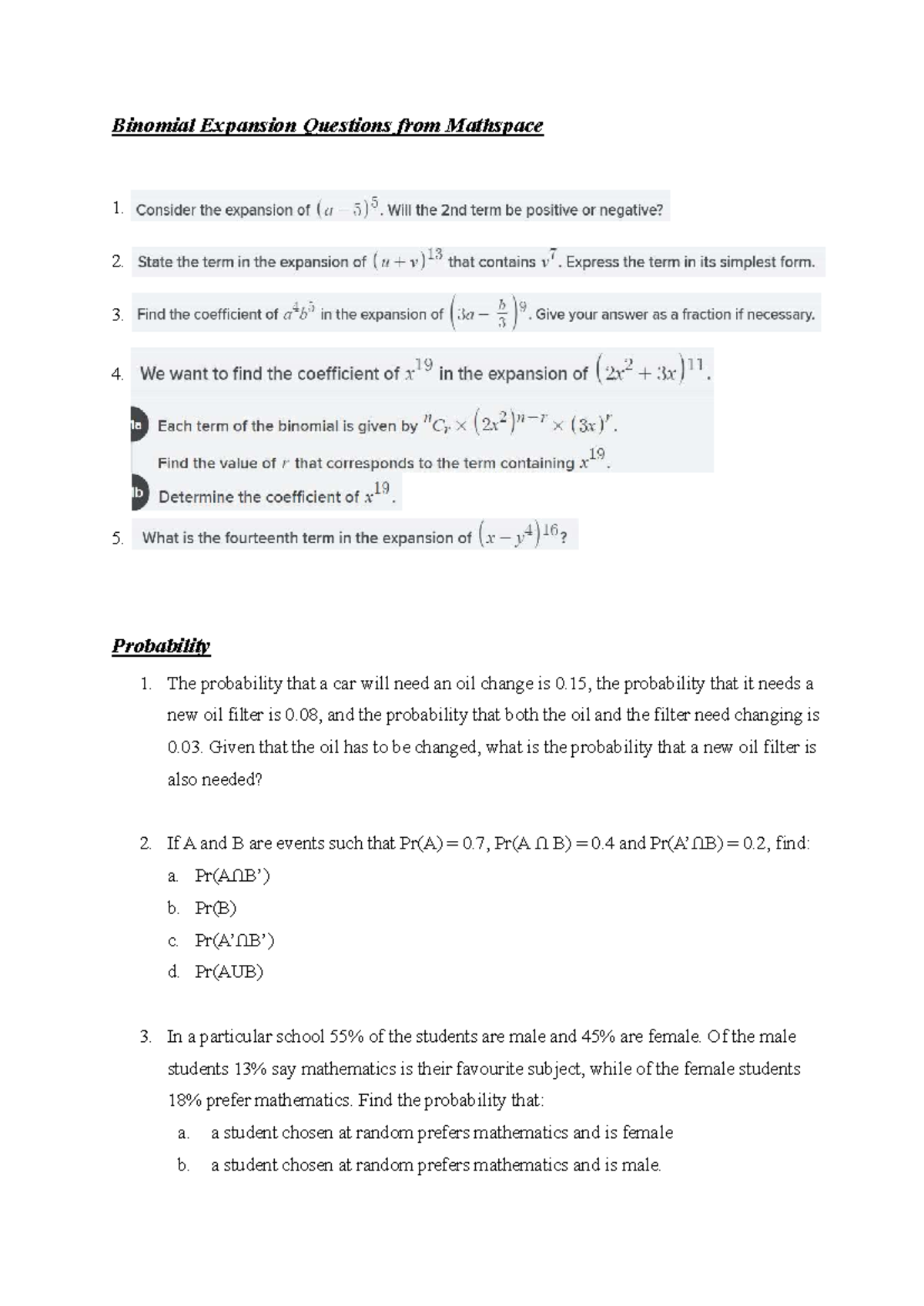 Revision Questions on Binomial Expansion and Probability 29 - Studocu