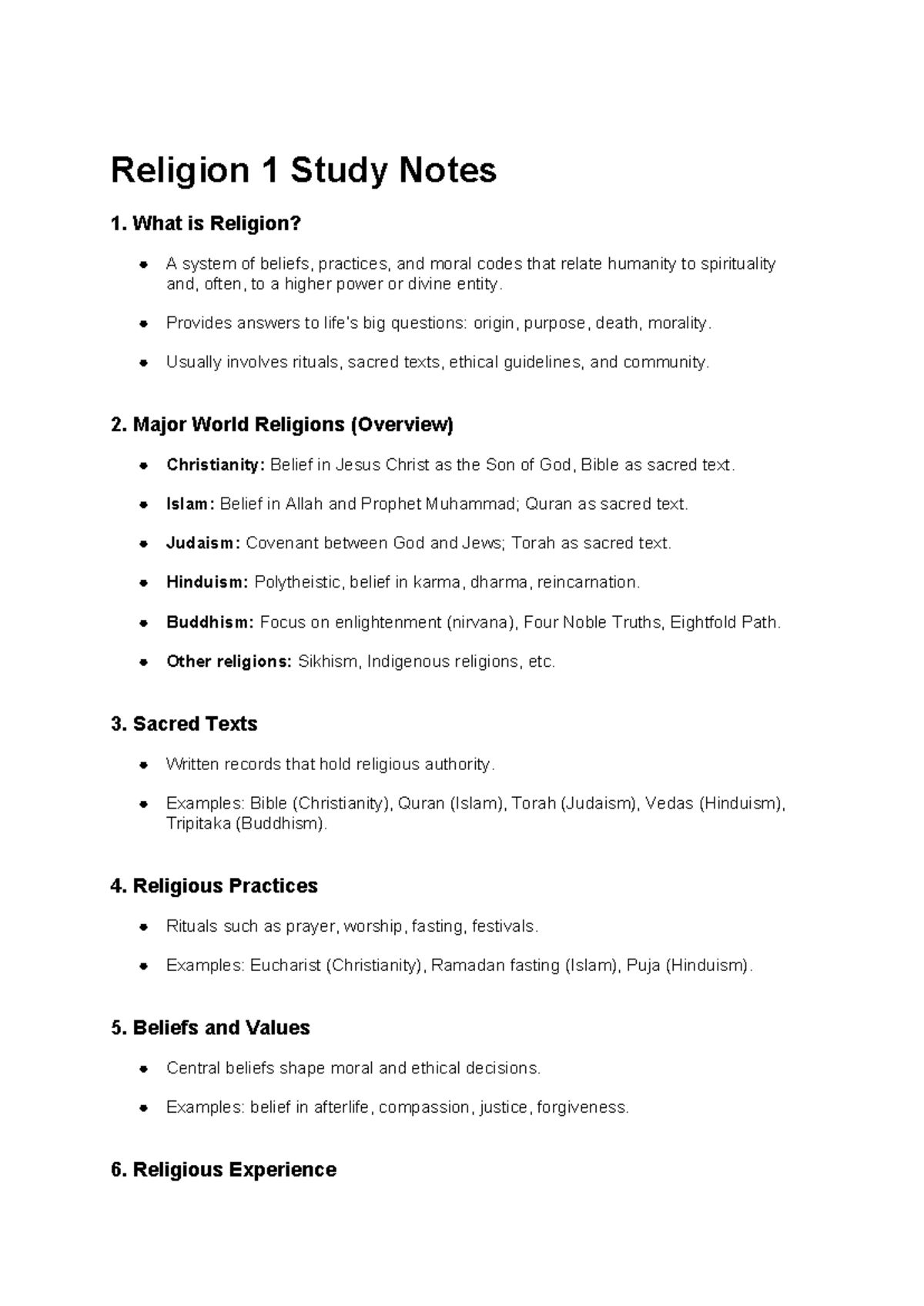 Religion 1: Comprehensive Study Notes on Major Beliefs and Practices ...