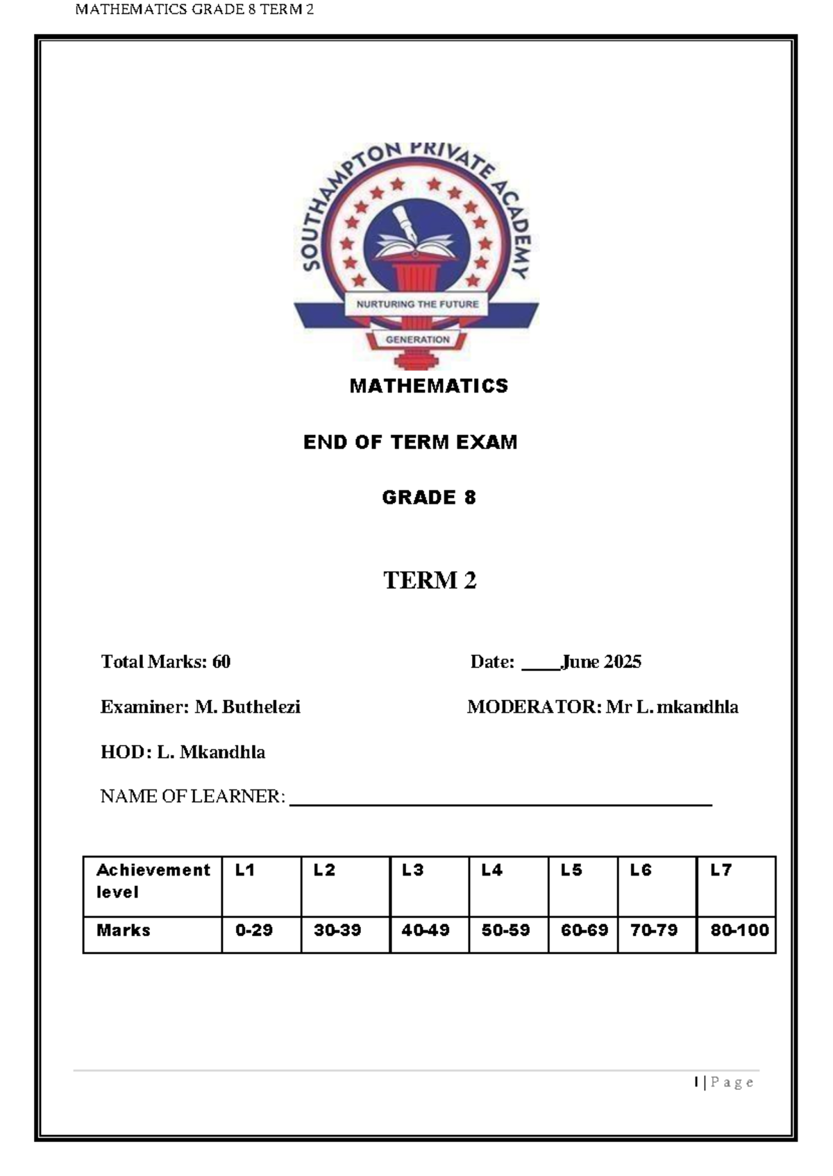 MATHEMATICS GRADE 8 TERM 2 END OF TERM EXAM 2025 - Studocu