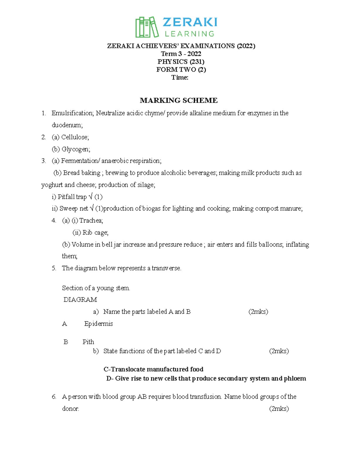 Biology FORM 2 - Chemistry Practical Questions & Marking Scheme 2022 ...