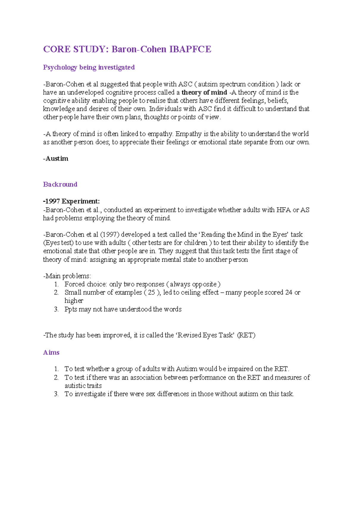Ibapfce - Lecture Notes on Baron-Cohen's Eyes Test Study - Studocu