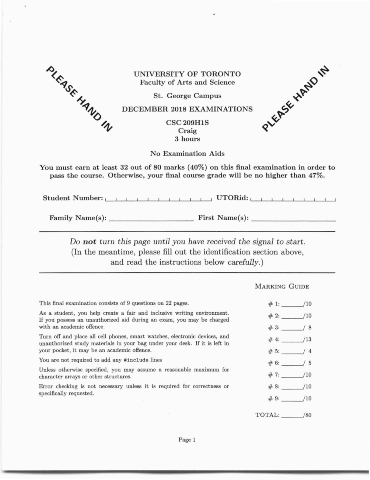 CSC209H1S - Past Final Exam December 2018 Overview and Questions - Studocu