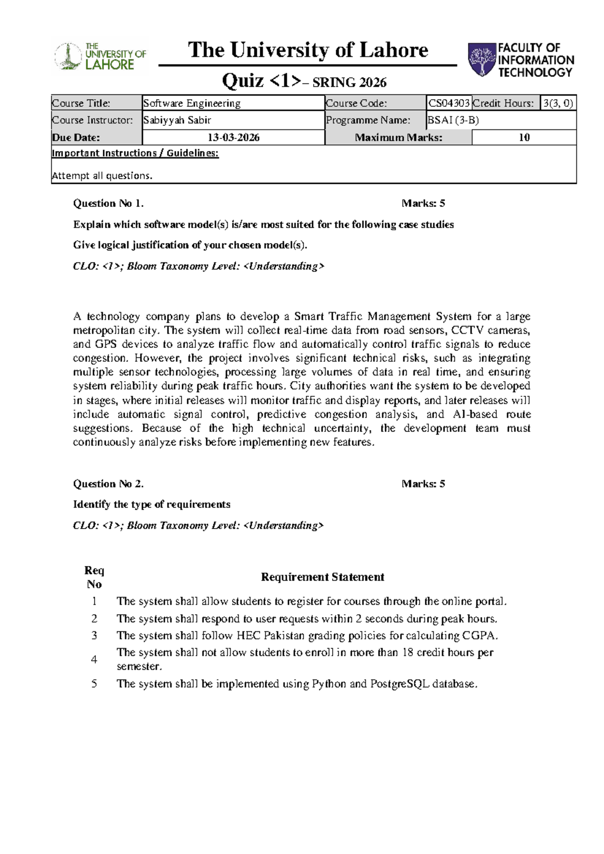 Quiz CS04303: Software Engineering - Smart Traffic Management System ...