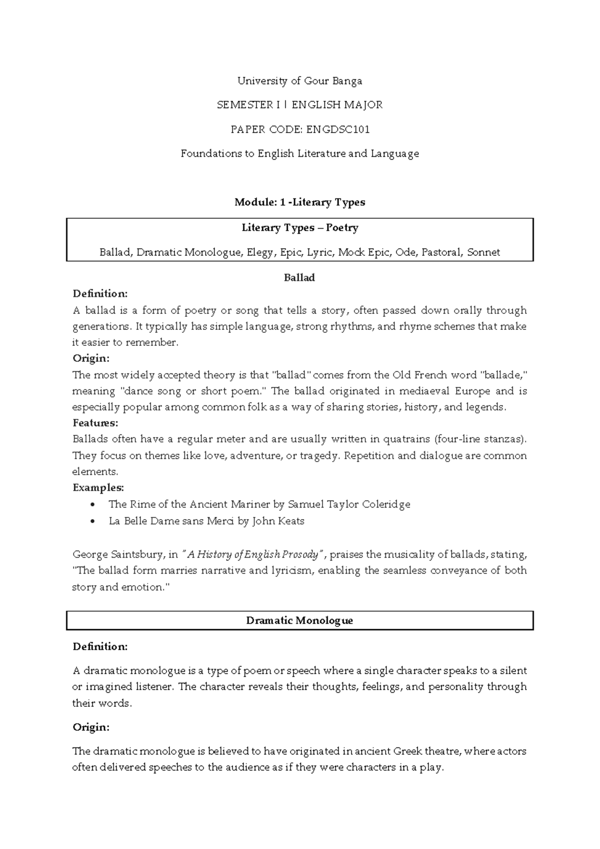 ENGDSC101: Foundations of English Literature - Literary Types Overview ...